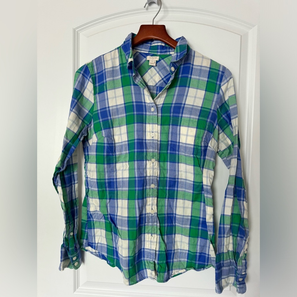 J. Crew Green and Blue Casual Button Down Shirt